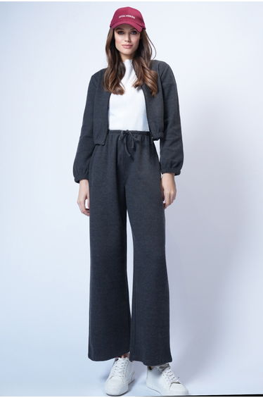 Women's Anthracite Stand Collar Knitted Zippered Sweat Jacket and Trouser Set