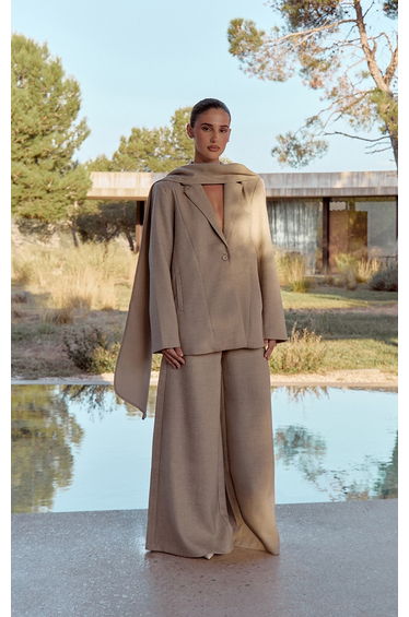Stone Woven Drape Scarf Detail Oversized Blazer
