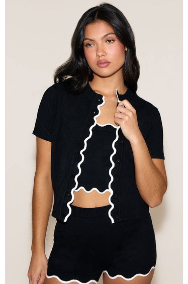 Black Contrast Soft Knit Scallop Hem Fitted Cardigan