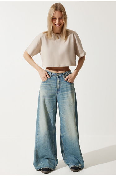 Women's Beige Cotton Oversize Crop Knitted T-Shirt