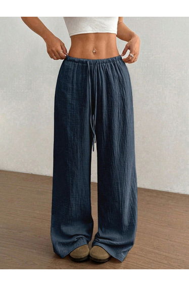 Textured Elastic Drawstring Waist Wide Leg Pants