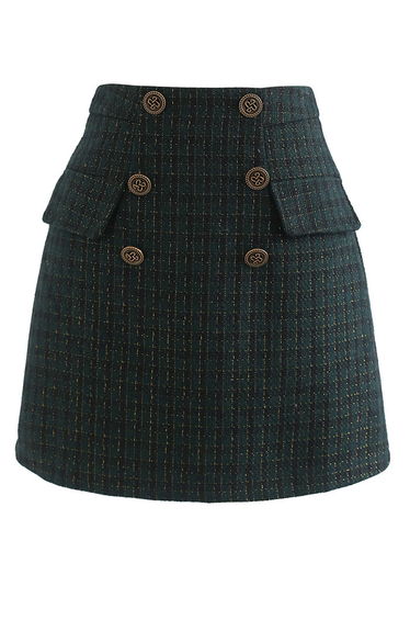Gingham Pattern Shimmer Tweed Mini Skirt in Green