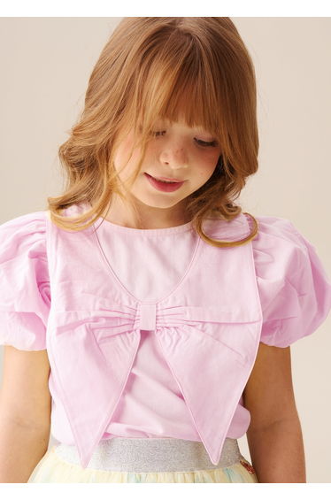 Tilly Pink Bow Collar Puff Sleeve T Shirt