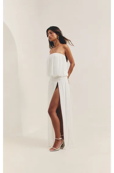 White Slinky Shirred Waist Bandeau Maxi Dress
