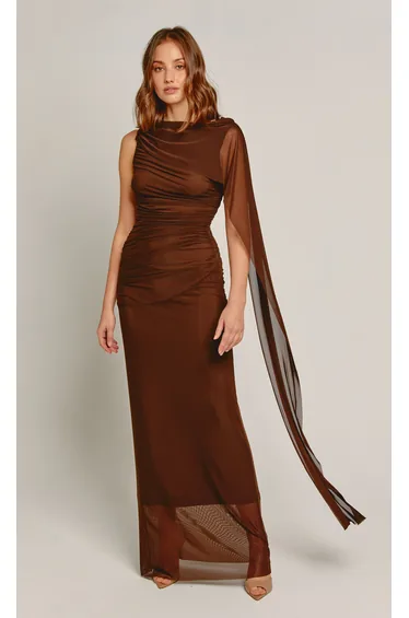 Brown Ruched Cape Maxi Dress