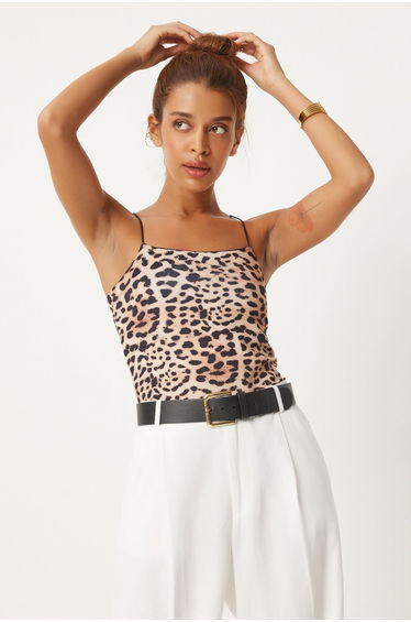 Women's Black Beige Leopard Patterned Rope Strap Crop Knitted Top