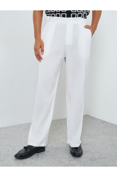 Men White Textured Straight Leg Trousers