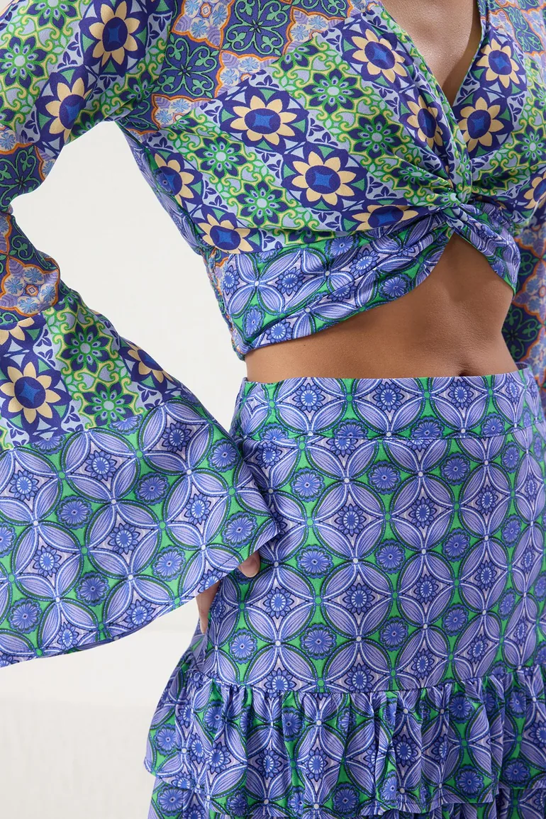 Ethnic Patterned Flounce Blouse Skirt Beach Suit - 2