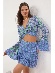 Ethnic Patterned Flounce Blouse Skirt Beach Suit - 1