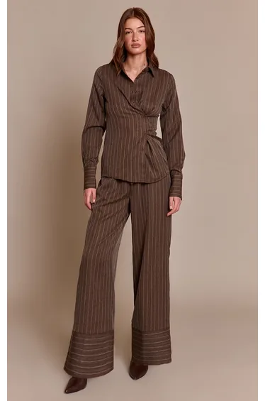 Brown Pinstripe Woven Asymmetric Button Shirt