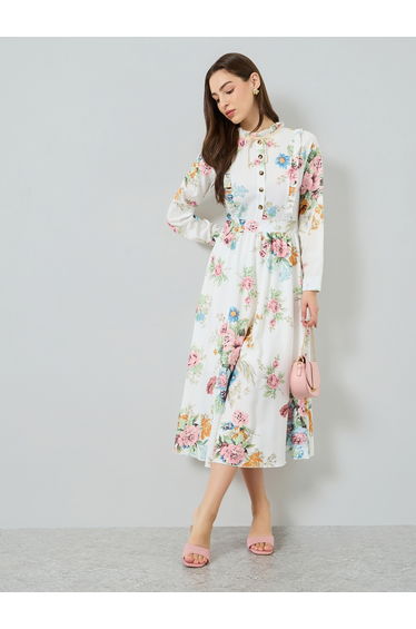 Women Floral Printed Ruffled Trim Front Midi Dress