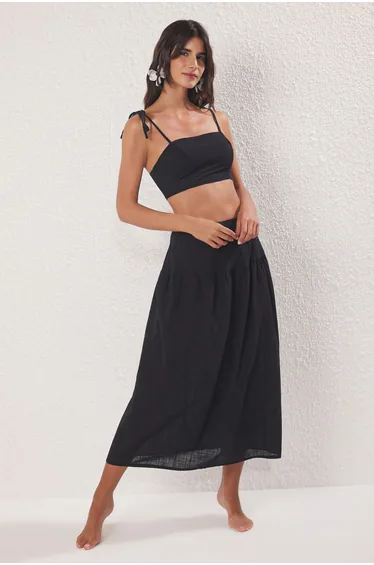 Black Woven Flared Cotton Beach Blouse Skirt Suit