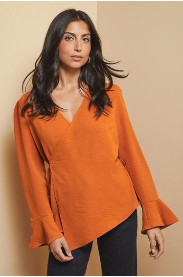 Woven Flute Sleeve Wrap Blouse