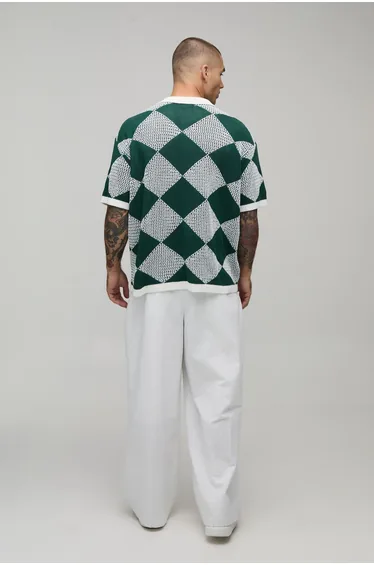 Relaxed Fit Open Stitch Crochet Knitted Shirt - green