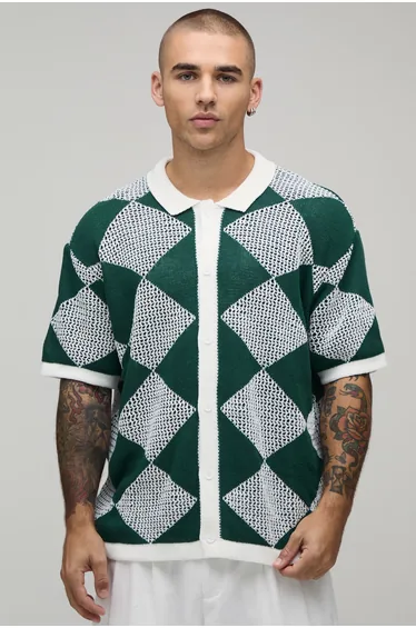 Relaxed Fit Open Stitch Crochet Knitted Shirt - green