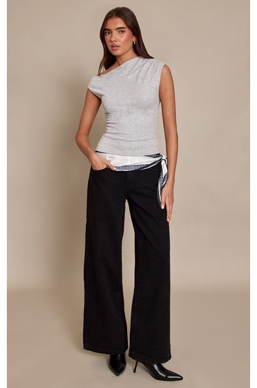 Grey Marl Soft Rib Asymmetric Drape Detail Sleeveless Top