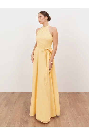Anaya With Love Recycled Butter Yellow Self-Tie Halter Neck Maxi Dress