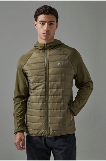 Man Active Quilted Zip Through Hoodie - khaki
