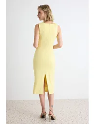 Light Yellow Plain Accessory Detailed Midi Woven Dress - 3