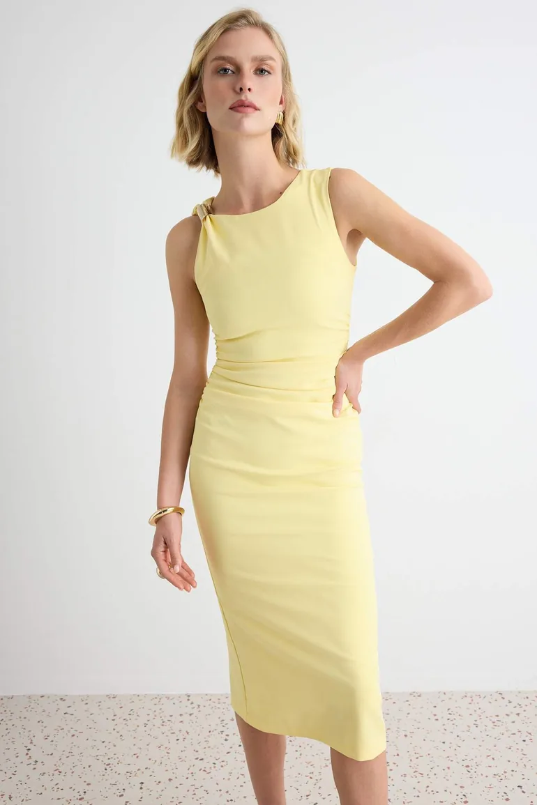 Light Yellow Plain Accessory Detailed Midi Woven Dress