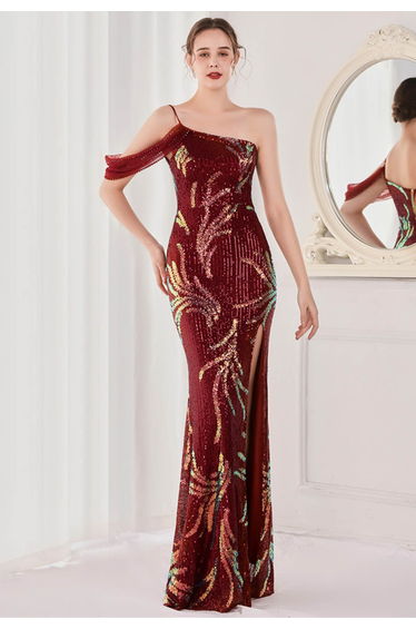 One-Shoulder Front Slit Sequined Maxi Gown in Burgundy