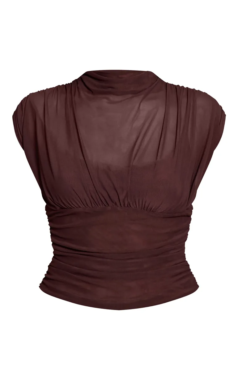Chocolate Mesh High Neck Waist Detail Top - 4