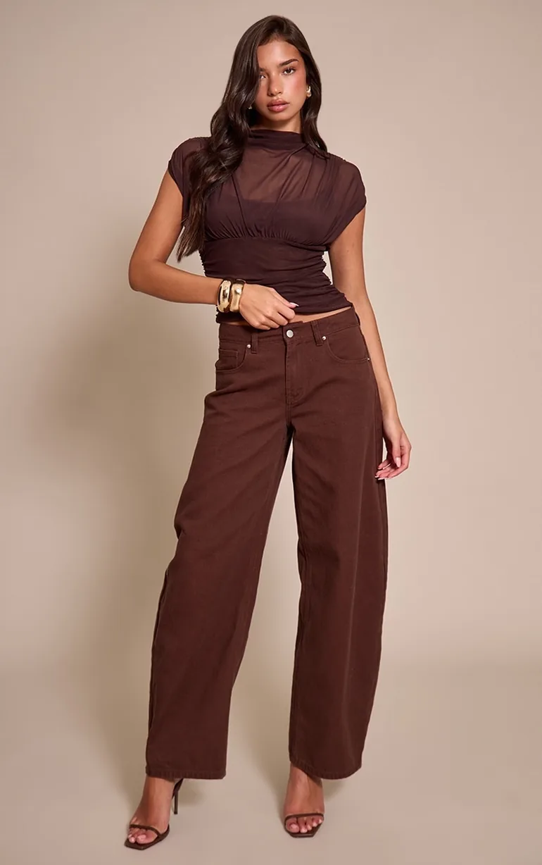 Chocolate Mesh High Neck Waist Detail Top