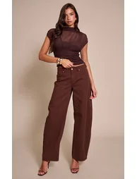 Chocolate Mesh High Neck Waist Detail Top