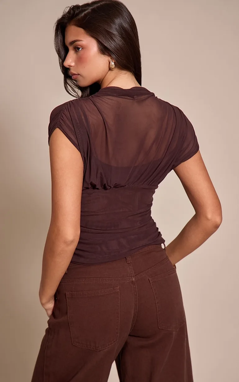 Chocolate Mesh High Neck Waist Detail Top - 2