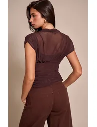 Chocolate Mesh High Neck Waist Detail Top - 2