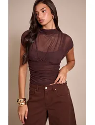 Chocolate Mesh High Neck Waist Detail Top - 1