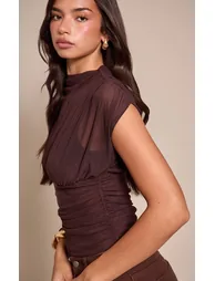 Chocolate Mesh High Neck Waist Detail Top - 3