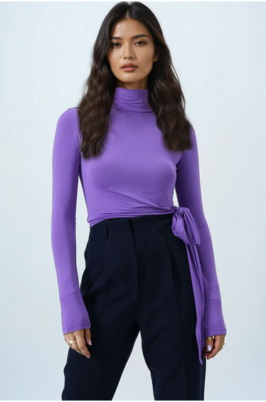Women's Dark Lilac Turtleneck Waist Tie Detail Sandy