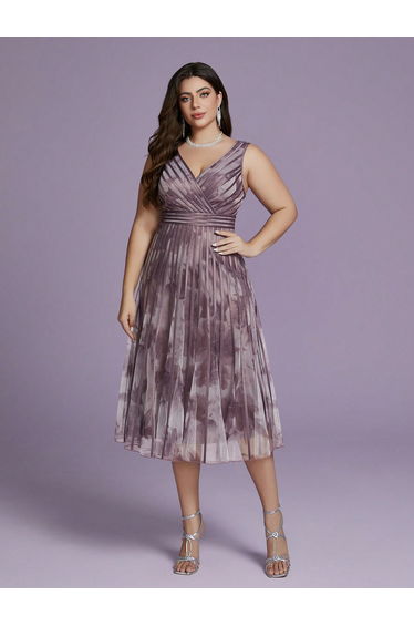 Leely Plus Women's Elegant V Neck Sleeveless Party Dresses