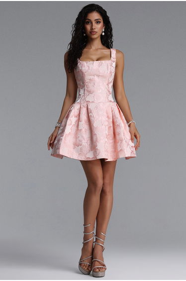 Deborah Classic Tailored Square Neck Floral Jacquard Woven Mini Dress