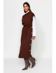 Dark Brown Button Detailed Knitwear Sweater Dress - 3