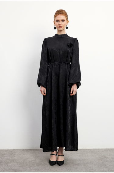 Rose-Detail Jacquard Dress - Black