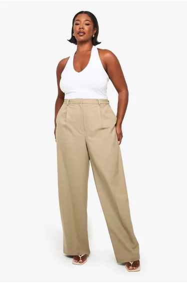 بنطلون بأرجل مستقيمة لون بيج - للمقاسات الكبيرة
