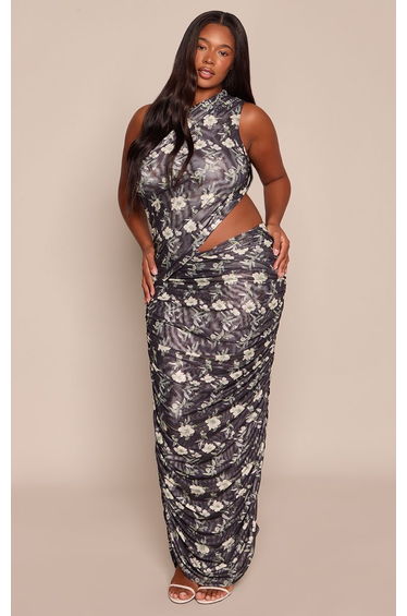 Plus Black Floral Print Mesh Bodycon Dress