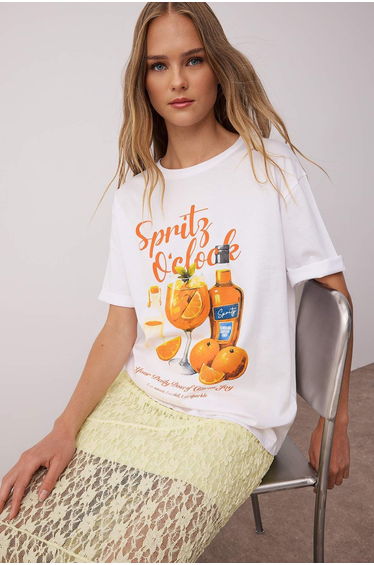 Ecru 100% Jersey Oversize/Wide Pattern Cocktail Printed Knitted T-Shirt