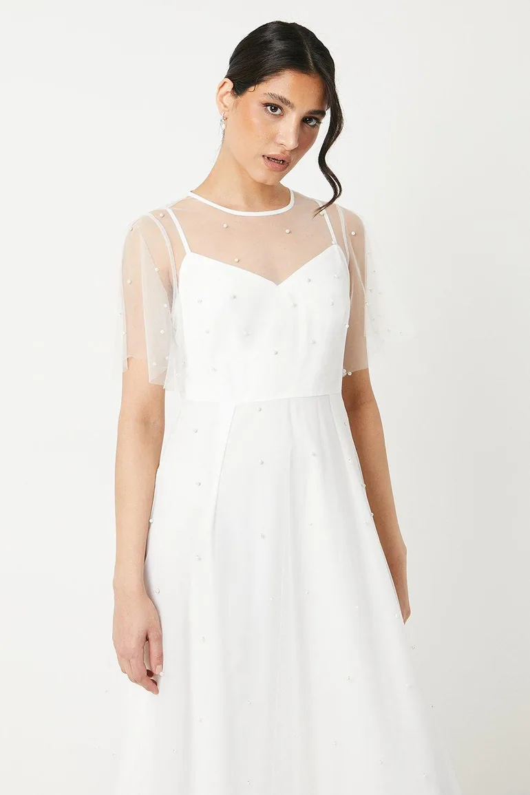 Pearl Embellished Mesh Wedding Dress - 3