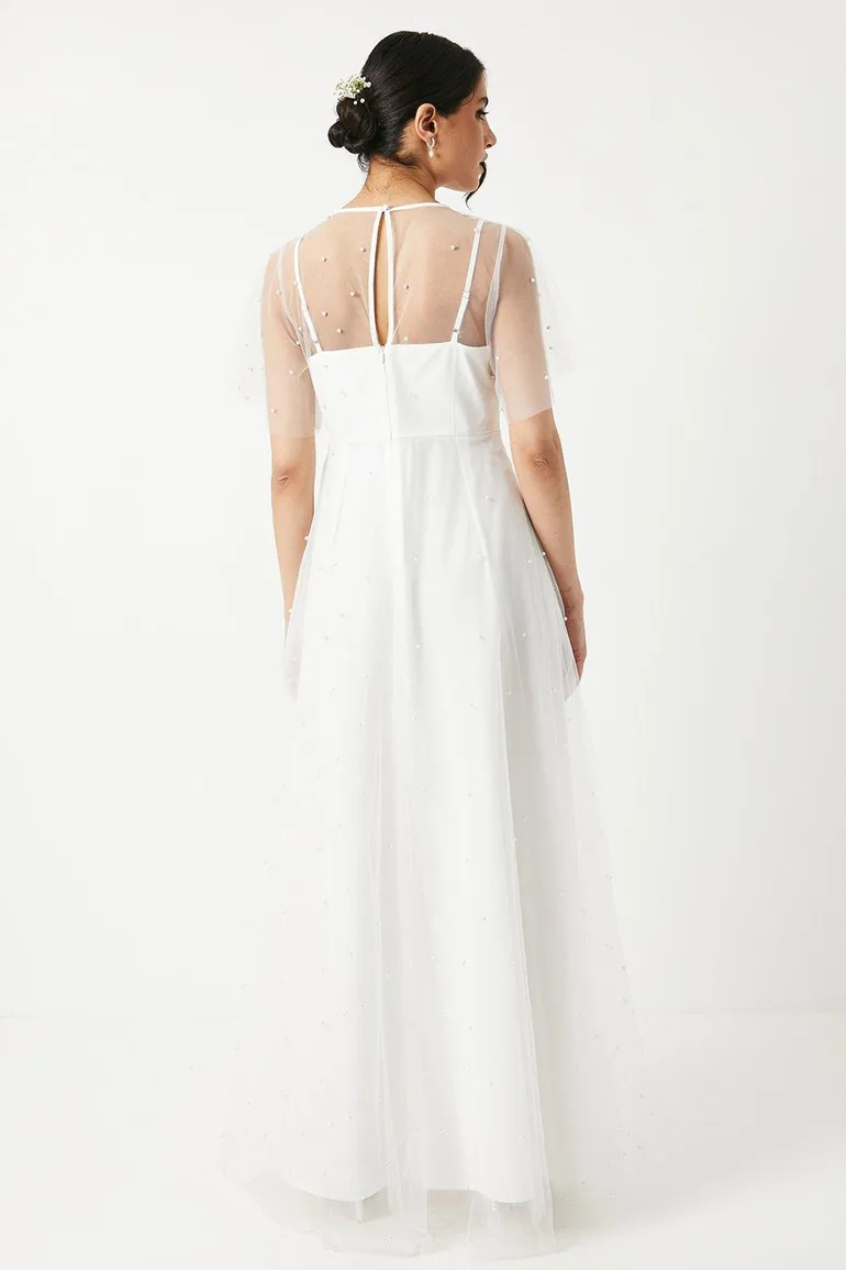 Pearl Embellished Mesh Wedding Dress - 2