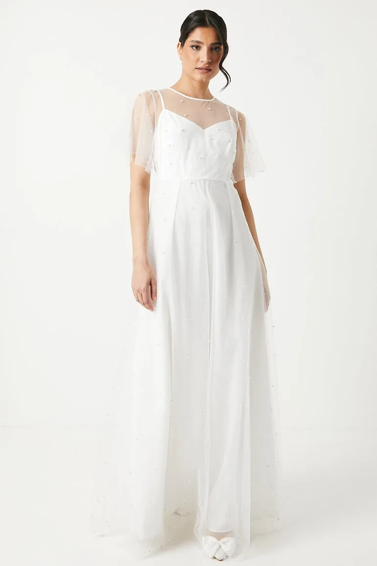 Pearl Embellished Mesh Wedding Dress