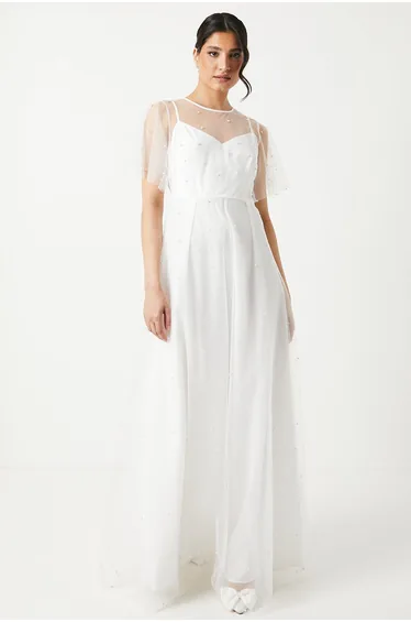 فستان زفاف ميش مزين باللؤلؤ