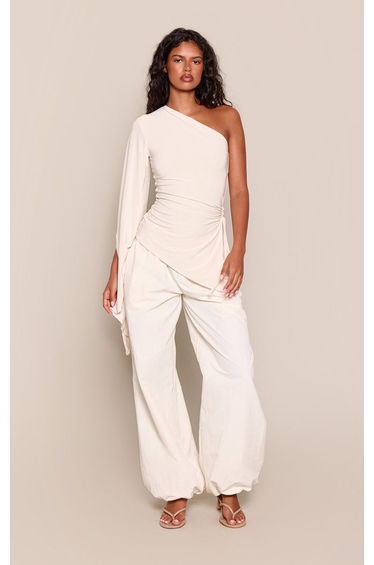 Cream Slinky Cinched One Sleeve Detail Top