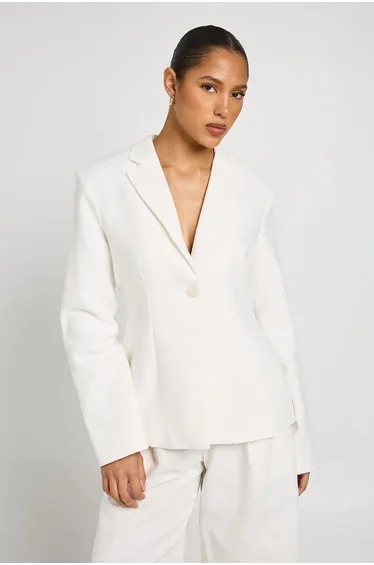 Linen Look Cinched Waist Blazer - white