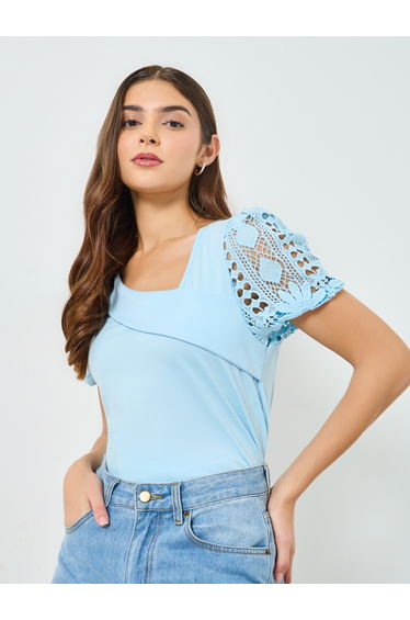 Blue Solid Asymmetric Neck Hollow Puff Sleeve Top