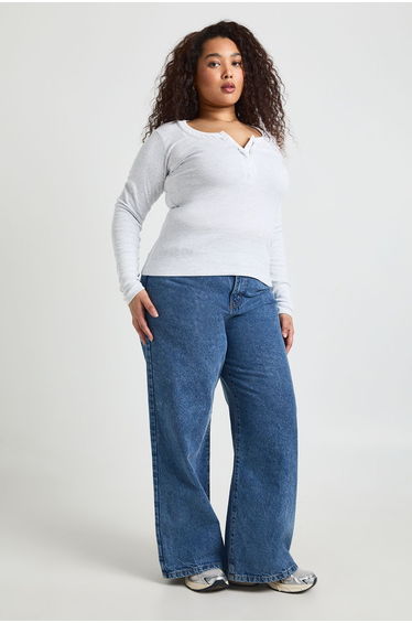 Plus Ribbed Contrast Henley Button Long Sleeve Top - grey