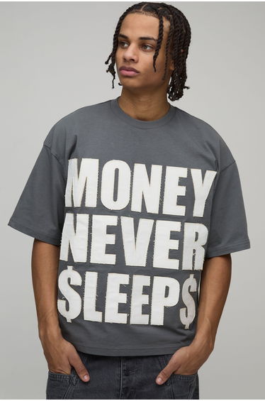 Oversized Boxy Money Slogan Distressed Applique T-Shirt - charcoal
