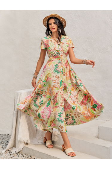 Floral Print0ed V-Neck Short Sleeve Dress